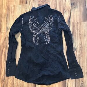 Ariat Women’s Fitted Western Shirt XS Black Rhinestone Wings Button Down